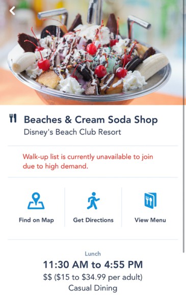 Disney Mobile Dine Waitlist Beaches and Cream