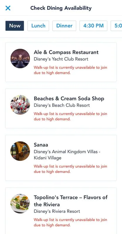 Disney Mobile Dine Waitlist List of restaurants