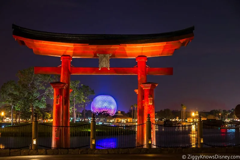 gate at Japan pavilion EPCOT at night