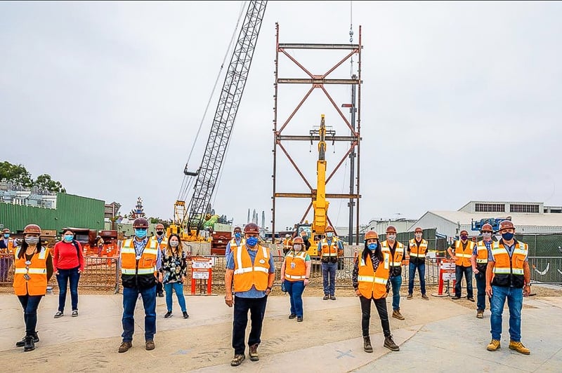 Installing the first steel beams on Mickey and Minnie's Runaway Railway