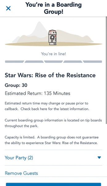 waiting for boarding group Rise of the Resistance