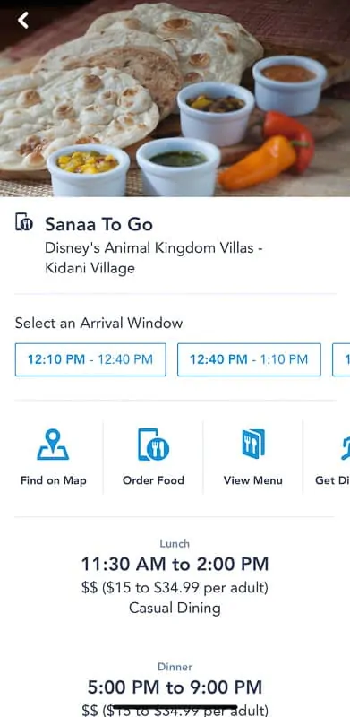 Select a restaurant on Disney Mobile Table Service To Go