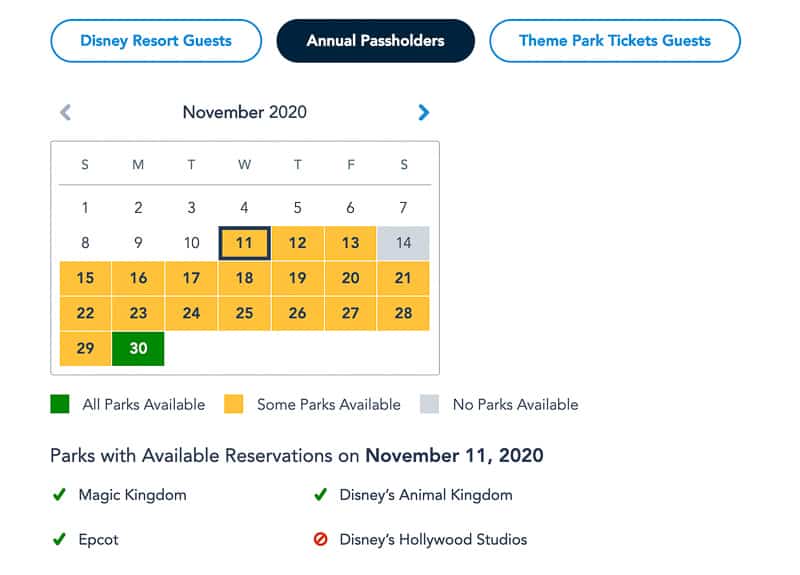 Disney Park Pass Availability Annual Passholders November