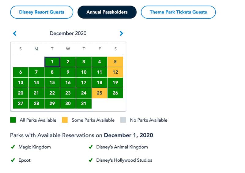 Disney Park Pass Availability Annual Passholders December