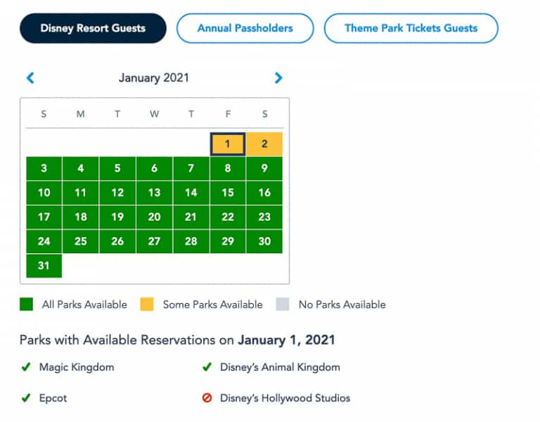 Disney Park Pass Availability Resort Guests January