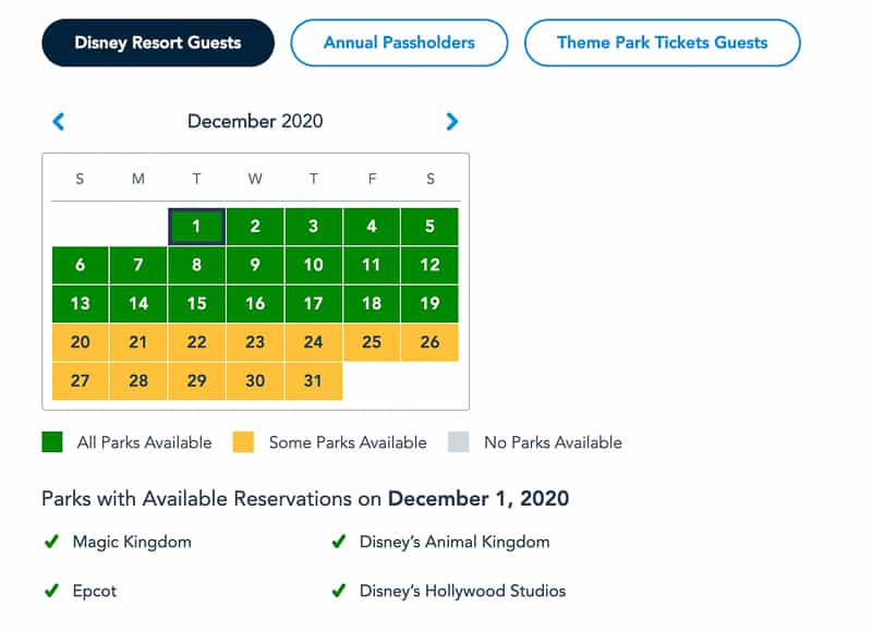 Disney Park Pass Availability Resort Guests December