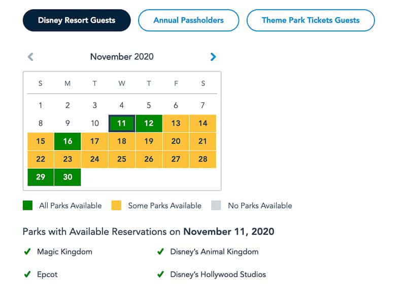 Disney Park Pass Availability Resort Guests November