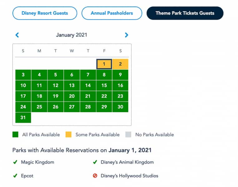 Disney Park Pass Availability Theme Park Guests January