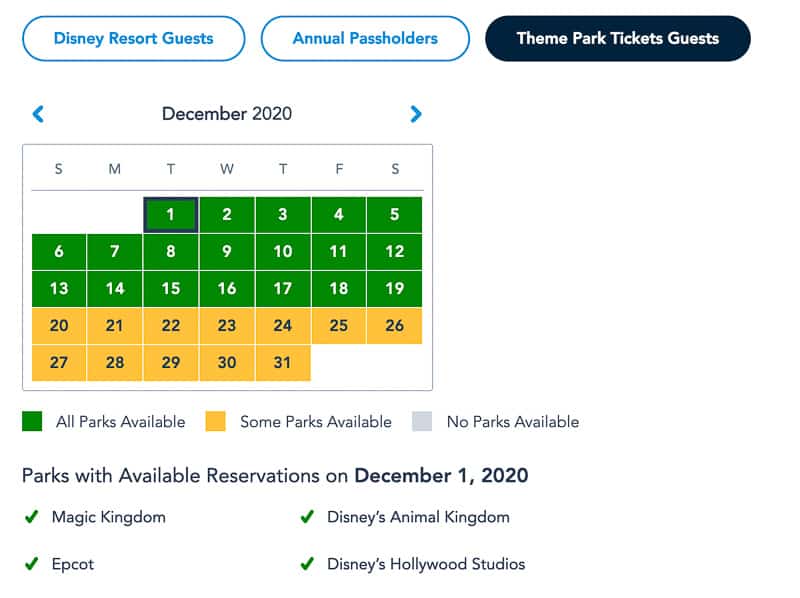 Disney Park Pass Availability Theme Park Guests December