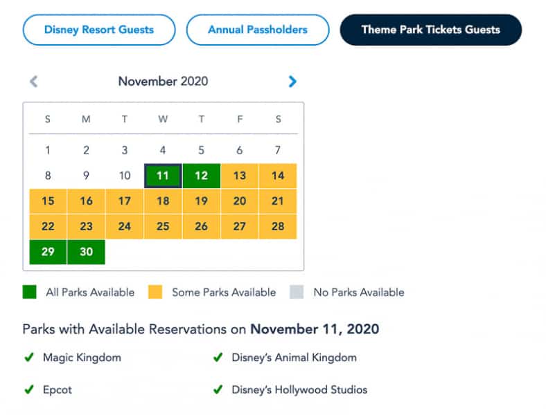 Disney Park Pass Availability Theme Park Guests November