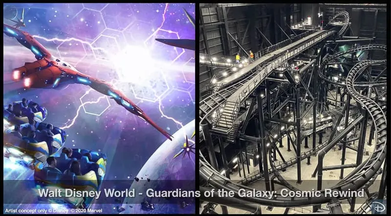 Inside of Guardians of the Galaxy Cosmic Rewind attraction building track