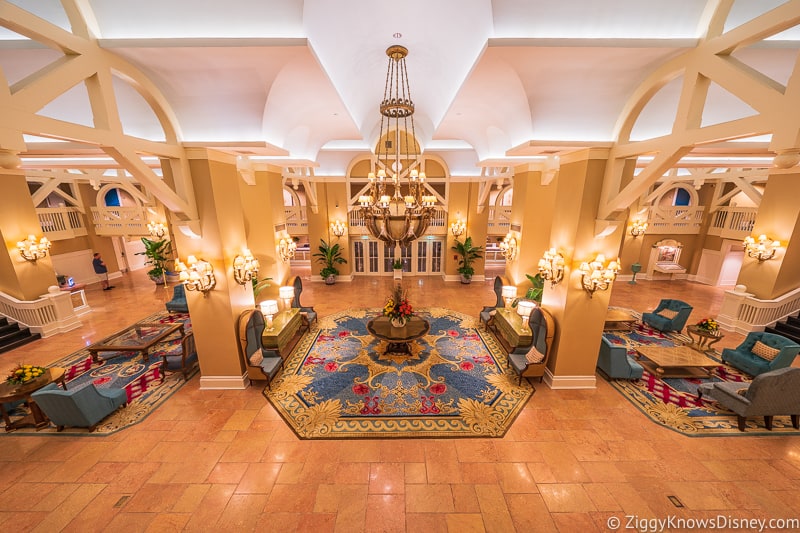 Inside Disney's Beach Club Resort lobby at night