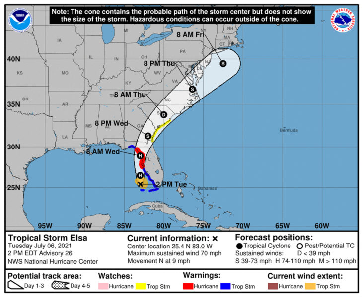 Tropical Storm Elsa path