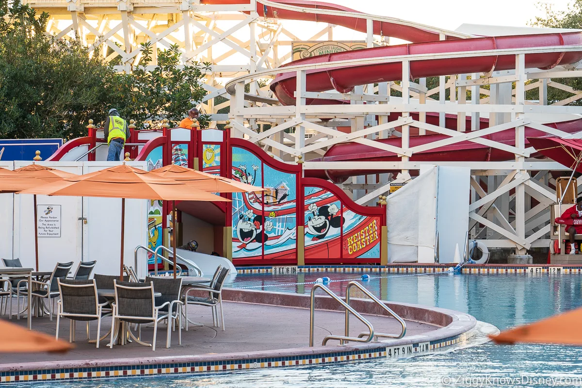 View of Mickey and Friends Slide from across the pool