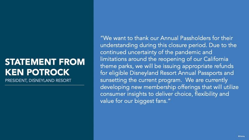 Disneyland annual passports canceled statement from Ken Potrock President