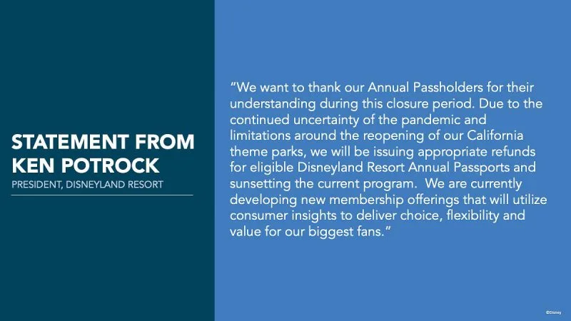 Disneyland annual passports canceled statement from Ken Potrock President