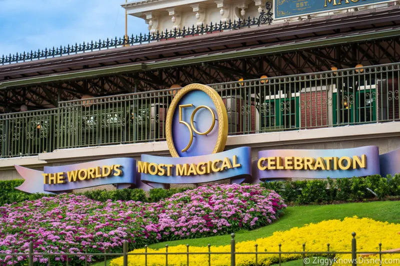 Walt Disney World 50th Anniversary sign Magic Kingdom train station