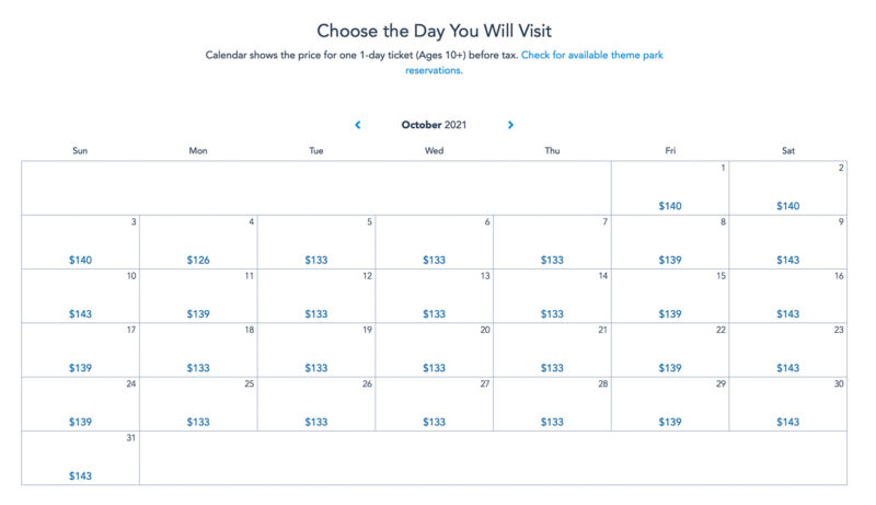 Disney World ticket calendar