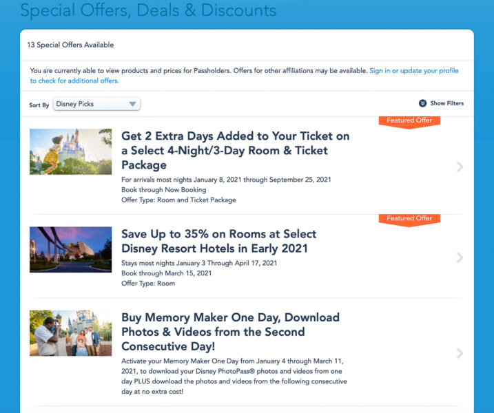 special deals for Disney World vacations on the website