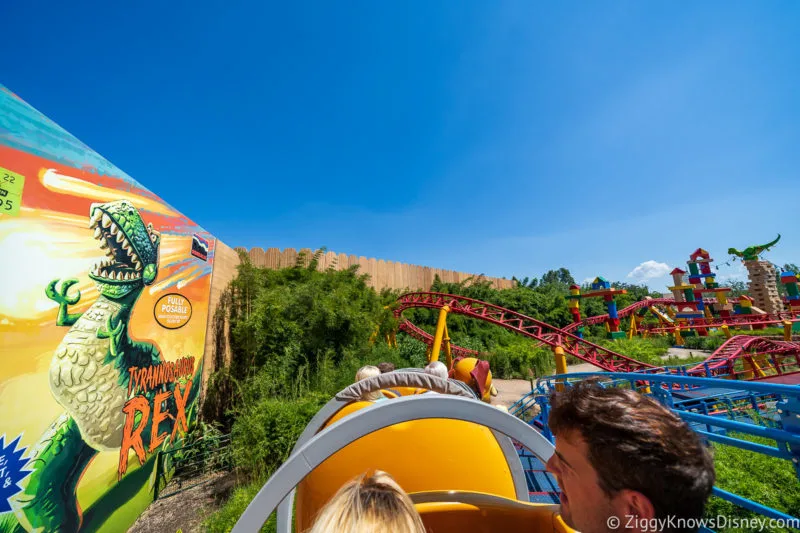 Riding past T-Rex on Slinky Dog Dash coaster