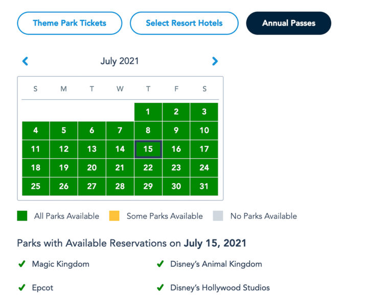 Disney Park Pass Availability Annual Passholders July 2021