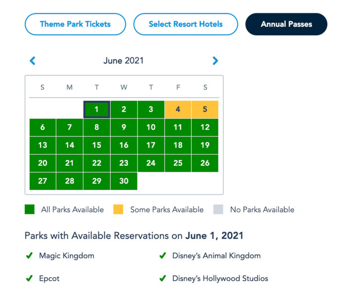 Disney Park Pass Availability Annual Passholders June 2021