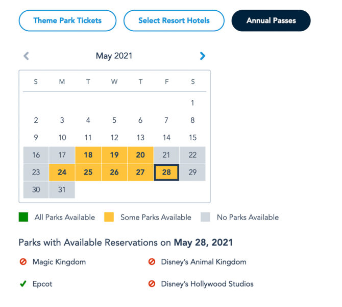 Disney Park Pass Availability Annual Passholders May 2021
