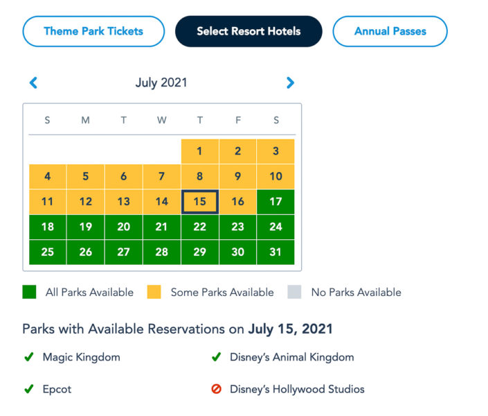 Disney Park Pass Availability Resort Guests July 2021