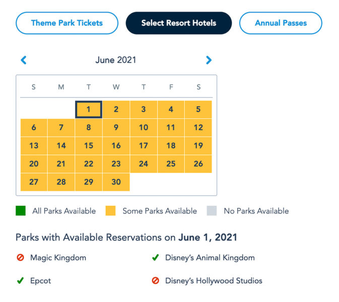 Disney Park Pass Availability Resort Guests June 2021