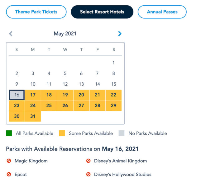 Disney Park Pass Availability Resort Guests May 2021