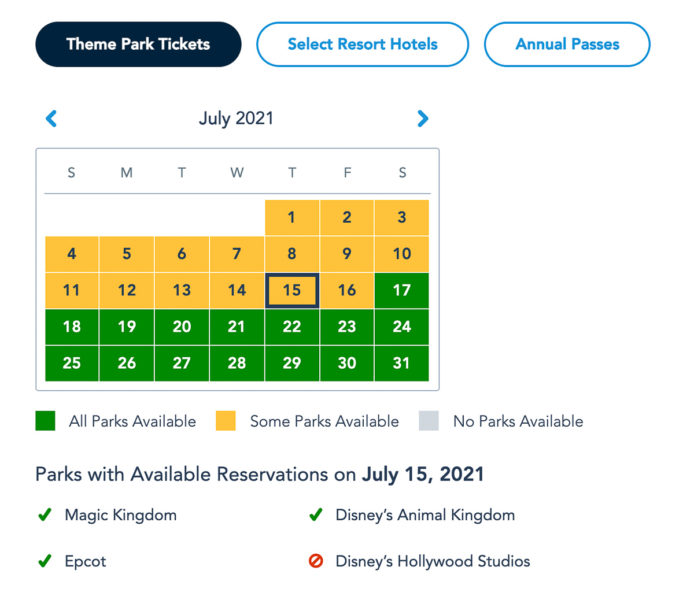 Disney Park Pass Availability Theme Park Tickets July 2021