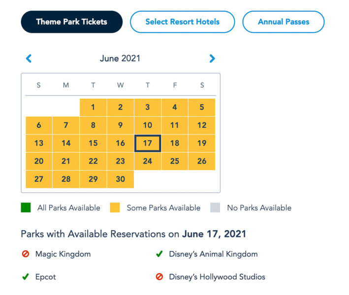 Disney Park Pass Availability Theme Park Tickets June 2021