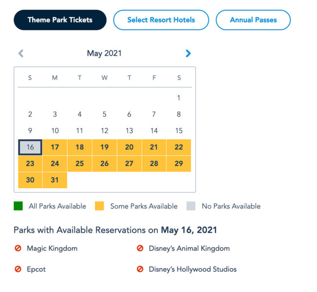 Disney Park Pass Availability Theme Park Tickets May 2021