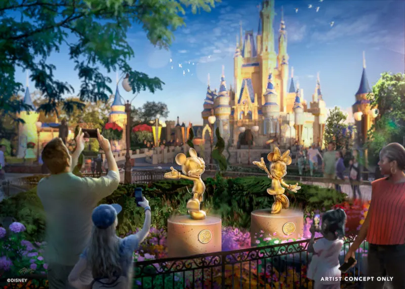 Golden Disney Character Statues at the Magic Kingdom for 50th