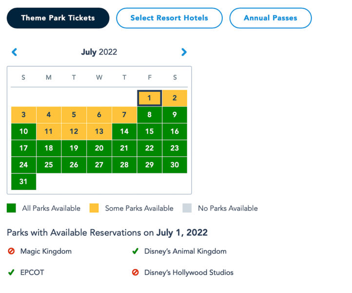 Disney World Park Pass Availability July 2022