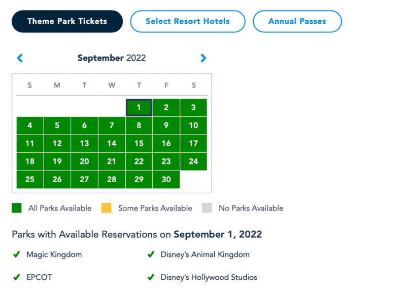 Disney World Park Pass Availability September 2022