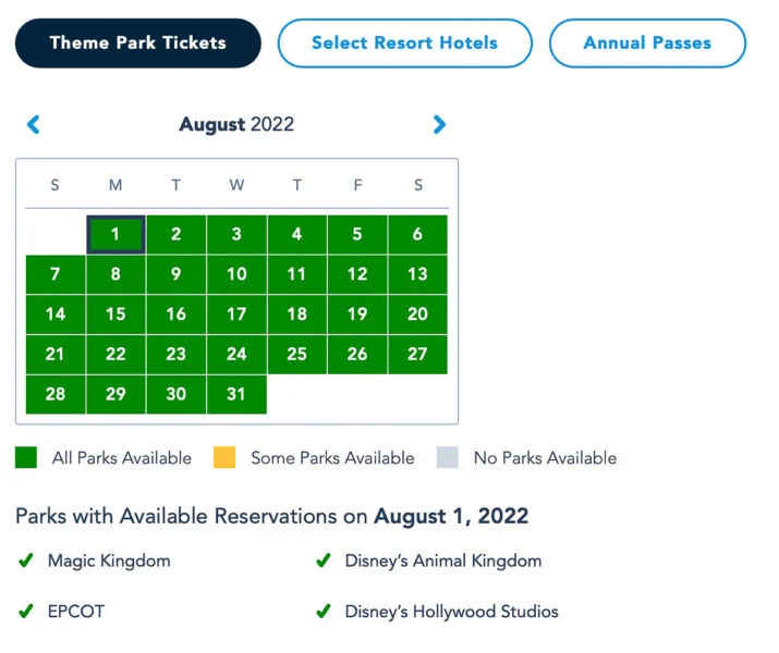 Disney World Park Pass Availability September 2022
