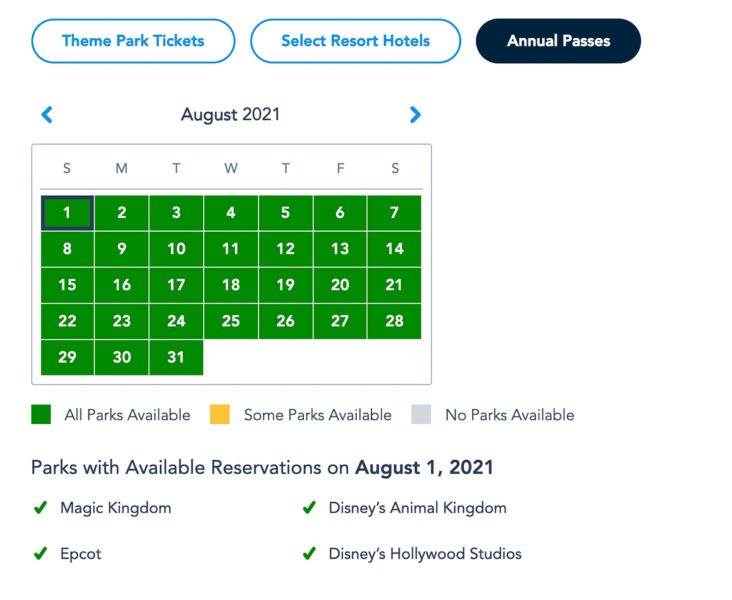 Disney Park Reservations August Annual Passholders