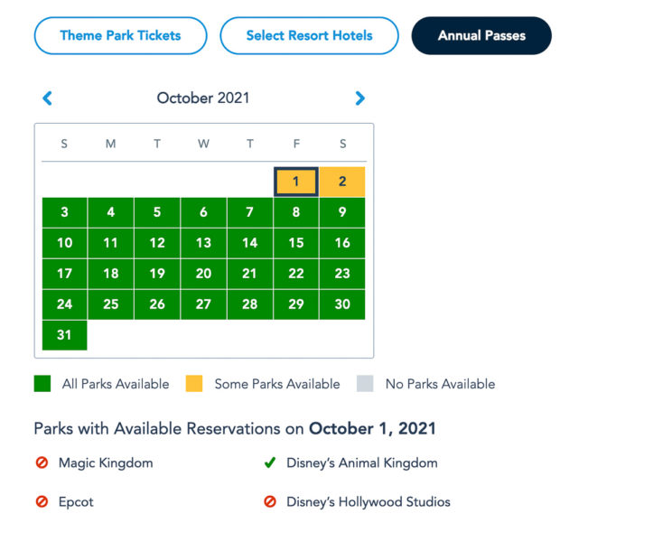 Disney Park Reservations October Annual Passholders