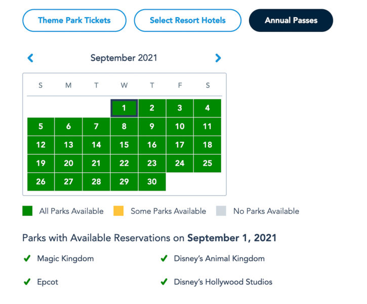 Disney Park Reservations September Annual Passholders