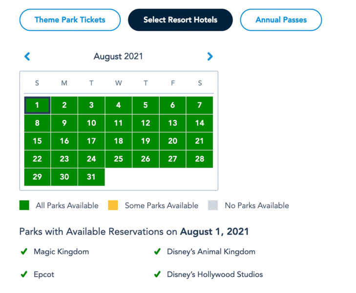 Disney Park Reservations August Resort Guests