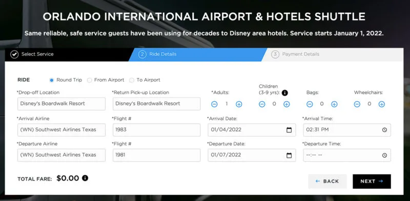 Screen showing details about Orlando International Airport and hotel shuttles.