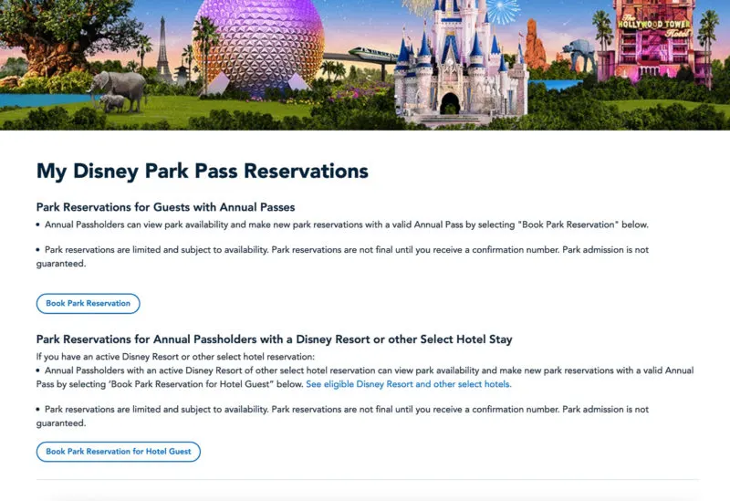 Disney Park Pass Reservations screen