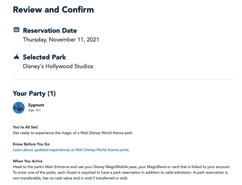 Review and Confirm Park Pass Reservations