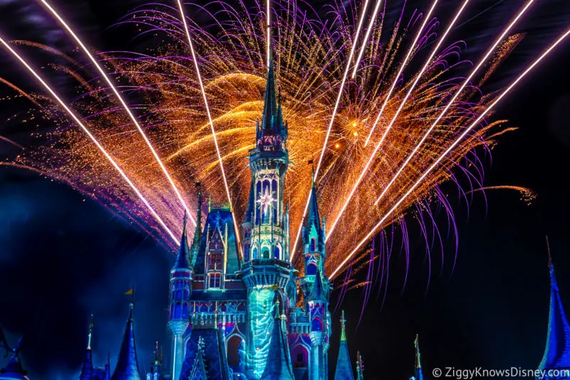 fireworks bursting over Cinderella Castle