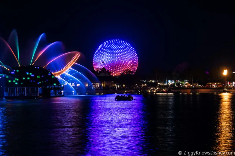 Spaceship Earth lit up after fireworks