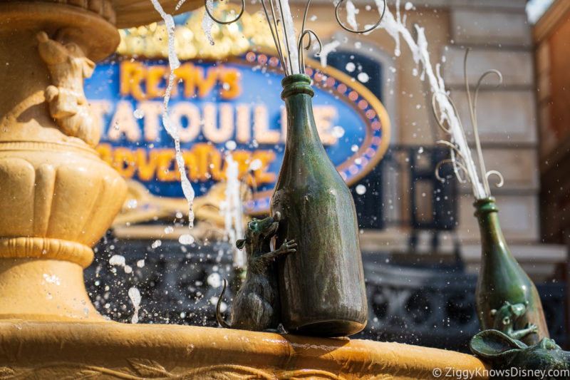 Remy's Ratatouille Adventure fountain outside the attraction