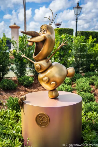 Olaf and Bruni Disney World 50th Anniversary Golden Statues EPCOT