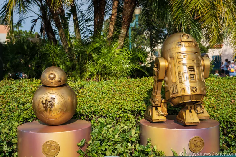 BB-8 and R2-D2 Disney World 50th Anniversary Golden Statues