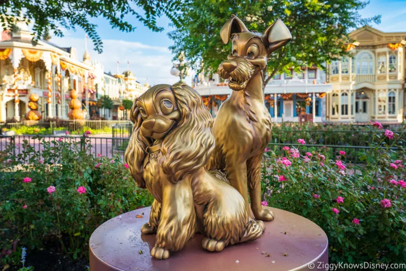 Lady and the Tramp Disney World 50th Anniversary Golden Statues Magic Kingdom